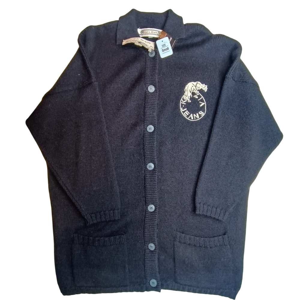 Vintage Krizia Jeans Black Oversized Panther Patch Cardigan Size S Grandpa Chic